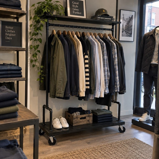Black Industrial Clothes Rail with Top & Bottom Storage Shelves