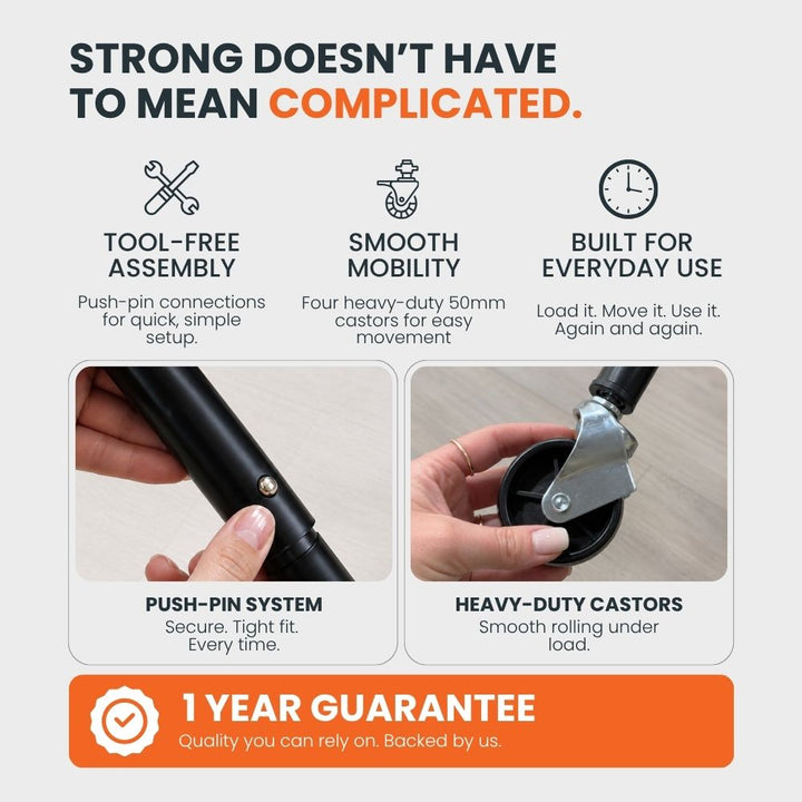 Heavy duty black clothes rail with tool-free push-pin assembly, four 50mm castors and close-up views of the rail connection and wheels.