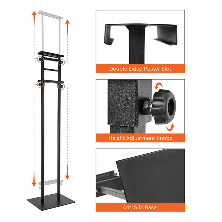 Black easel-style poster stand – dual-sided, adjustable and robust frame for events, offices or lobbies
