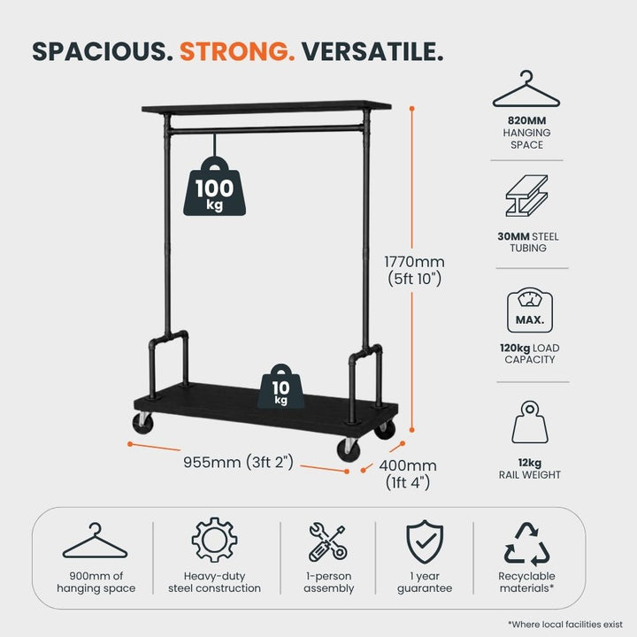 Product specification graphic for a black heavy-duty garment rail with castors, 820 mm hanging space, 30 mm steel tubing, 150 kg maximum load capacity and 1770 mm height.