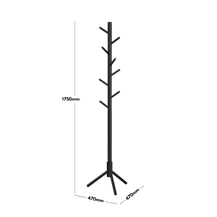 Versatile black wooden coat stand with an 8-hook design and adjustable height, suitable for homes, offices, and lobbies.
