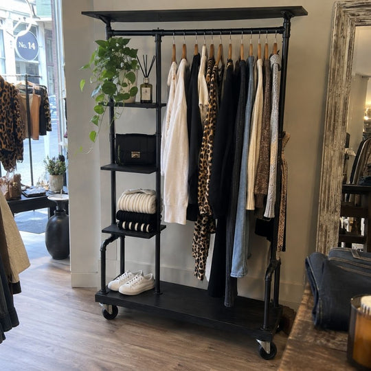 Black Industrial Clothes Rack with Shelves & Locking Wheels