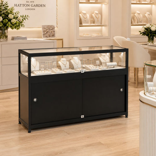 Black Aluminium Glass Counter Display Cabinet with 4 LED Spotlights & Lockable Storage Compartment - 1200 x 500mm