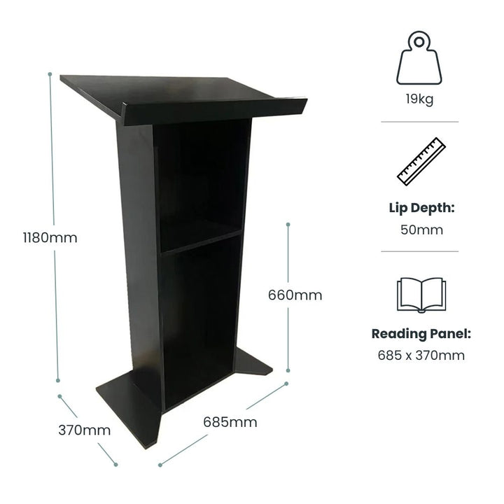 Dimension diagram: black lectern 1180mm tall, 685mm wide, 370mm deep, 660mm internal shelf height, 50mm lip, reading panel 685 x 370mm, weight 19kg.
