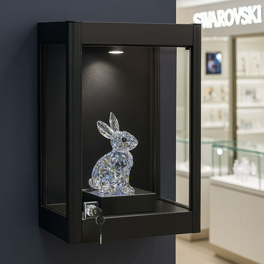 Mini Black Wall Mounted Aluminium Display Cabinets with Wireless LED Light - 300mm