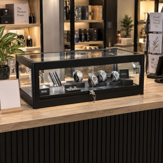 Black Aluminium Glass Counter Top Display Cabinet with Lockable Sliding Doors