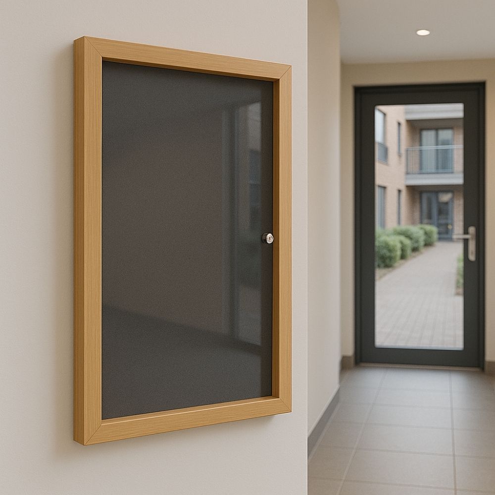 Black lockable noticeboard with a wooden frame mounted on a cream wall in the entrance hallway of an apartment building, with a glazed door and courtyard visible in the background.