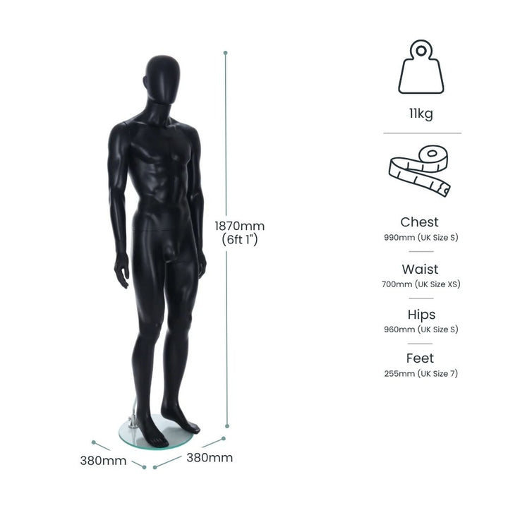glossy-black-male-full-body-mannequin-1870mm-tall-with-glass-base-11kg-weight-chest-990mm-waist-700mm-hips-960mm-for-retail-display