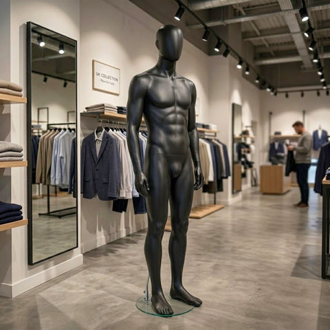 Matt Black Egghead Male Mannequin with Ears - Standing