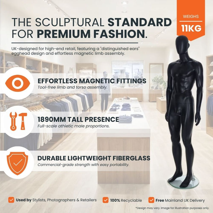 full-body-black-male-mannequin-with-athletic-proportions-standing-in-clothing-store-with-fibreglass-construction-and-magnetic-fittings