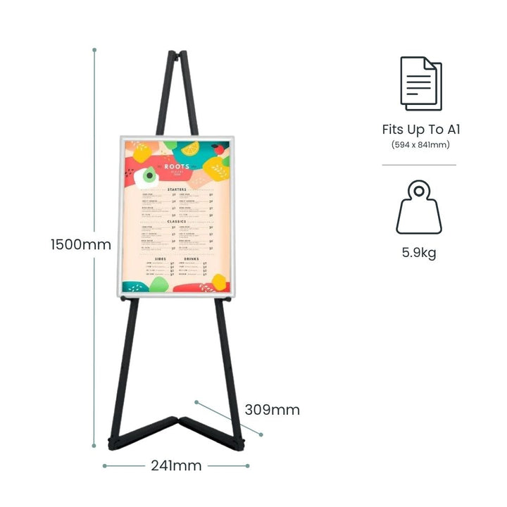 Black metal A-frame poster stand holding an A1 frame, 1500mm tall, designed for indoor or outdoor advertising displays.