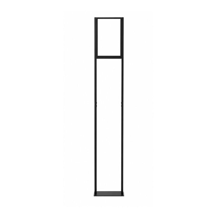 Slim black metal A4 sign holder stand with rectangular poster frame and stable freestanding base isolated on white background.