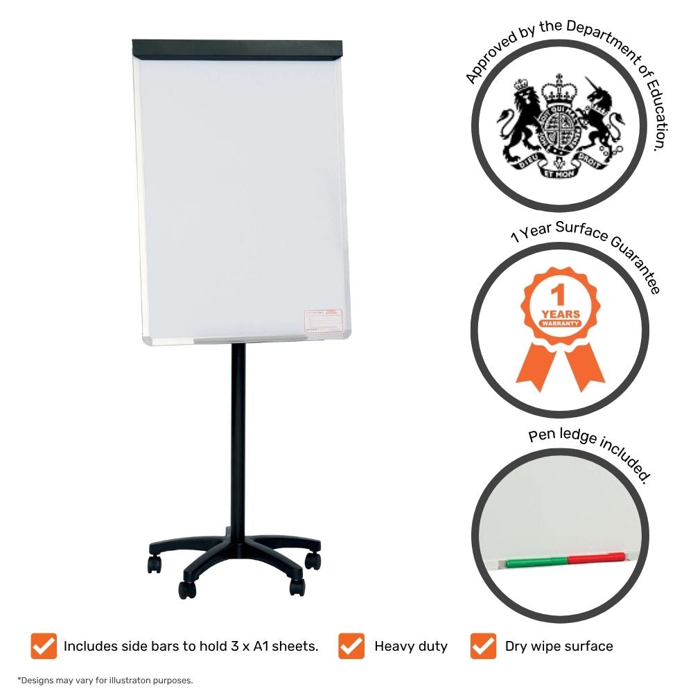 Heavy-duty black base flipchart with 1-year guarantee and A1 paper compatibility icons

