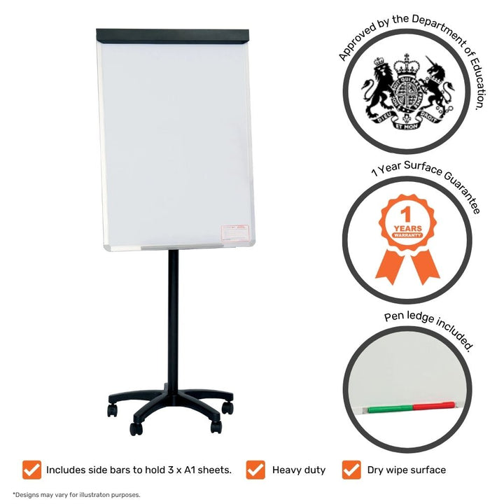 Heavy-duty black base flipchart with 1-year guarantee and A1 paper compatibility icons

