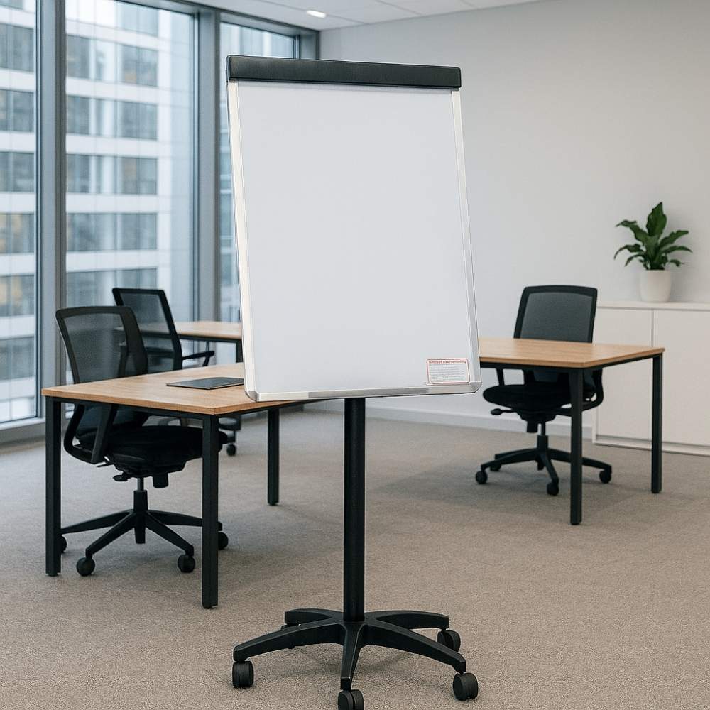 Black flipchart easel with drywipe surface on castor wheels in a modern office setting with desks and chairs

