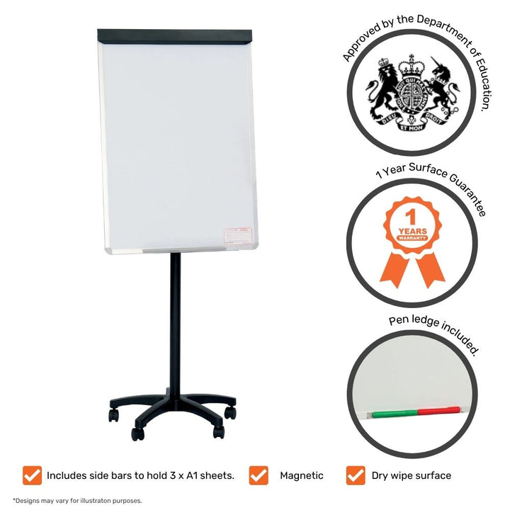 Magnetic black flipchart easel with drywipe surface and icons highlighting A1 compatibility, 1-year guarantee, and pen ledge

