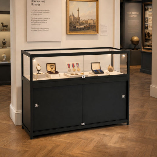 Black Aluminium Glass Counter Display Cabinet with 4 LED Spotlights & Lockable Storage Compartment - 1200 x 600mm