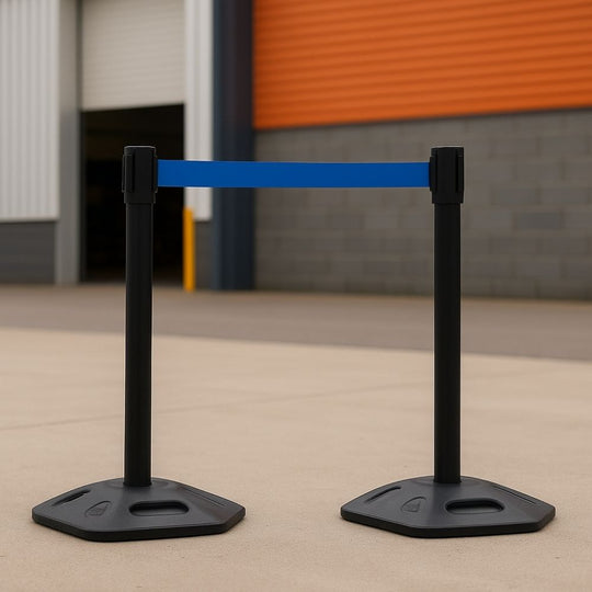 Black Heavy Duty Outdoor Retractable Barrier with Rubber Base and 3.4m Blue Belt
