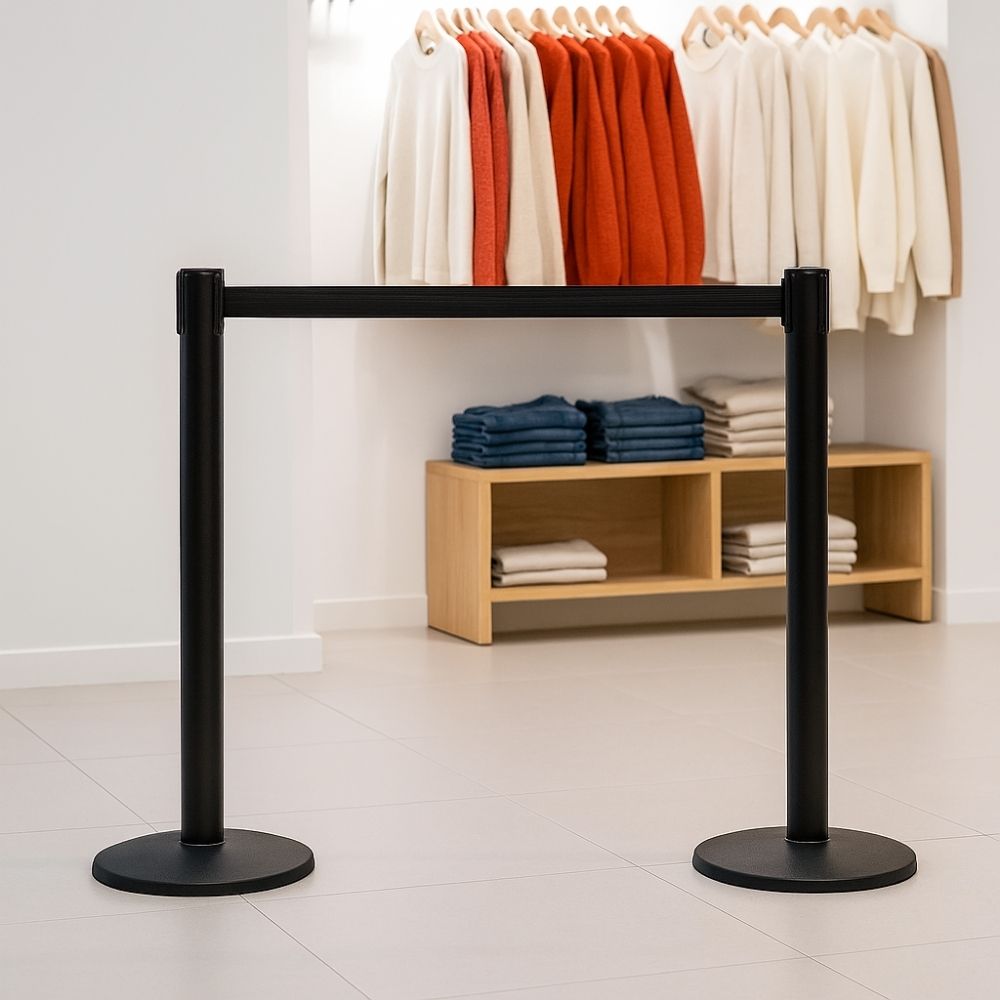 A black retractable barrier post positioned in a modern retail store in front of a clothing display with folded jeans and hanging jumpers in white, cream, and orange tones.


