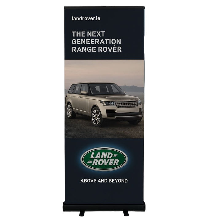 Simple black retractable banner stand featuring a Range Rover vehicle and bold branding, suitable for events, trade shows, or dealership foyers.
