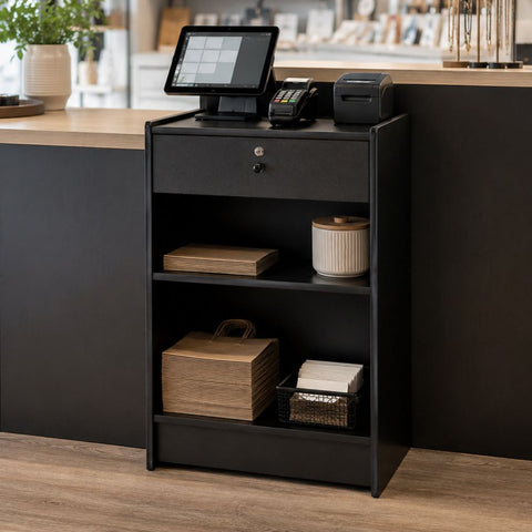 Black Wooden Retail Till Block with Lockable Drawer & 2 Shelves 900mm High x 600mm Wide