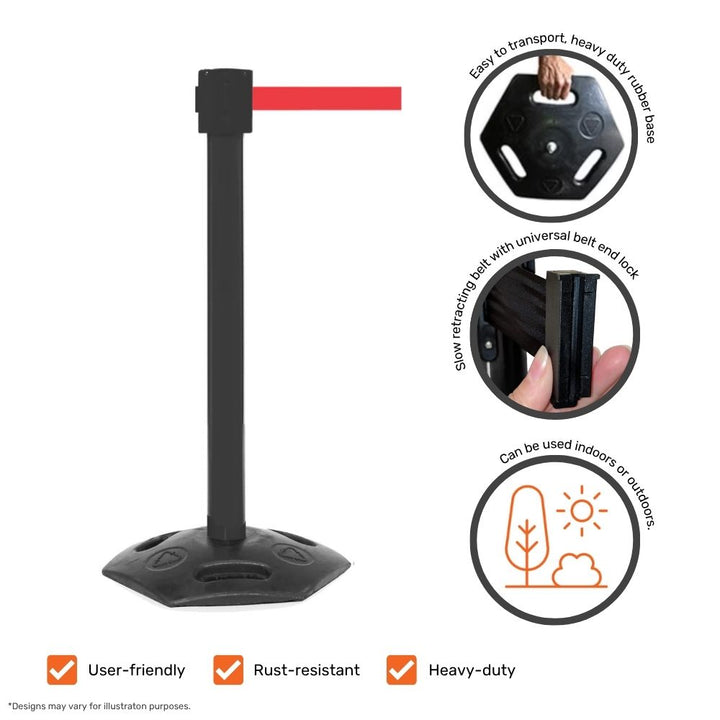 Close-up of a black retractable barrier with a red belt, showing product features like a heavy-duty rubber base and universal belt lock.