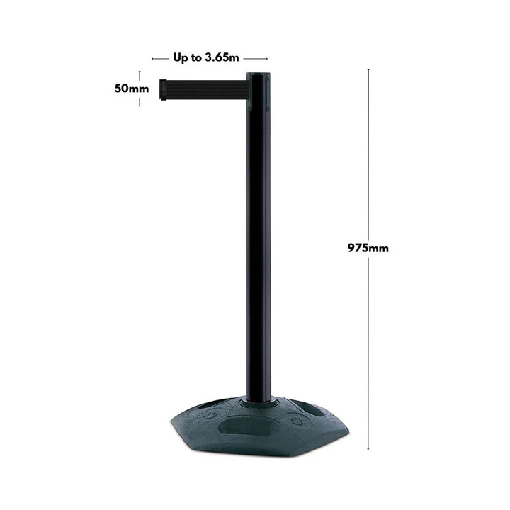 Black Tensator safety barrier with a 975mm post height and retractable belt extending up to 3.65 metres—ideal for industrial, commercial, and warehouse zone marking.

