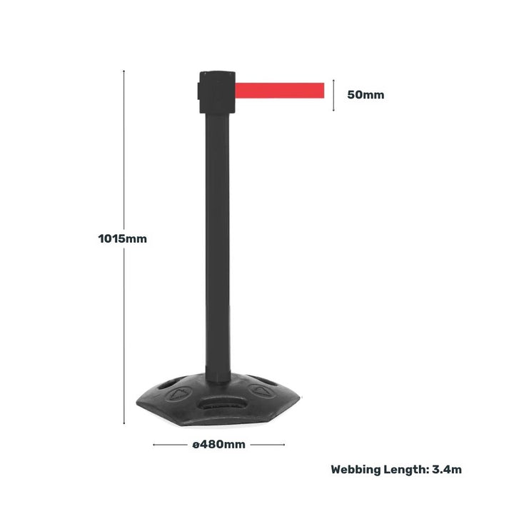 Black retractable barrier with a red belt displayed with dimensions, including height, base size, and belt length.