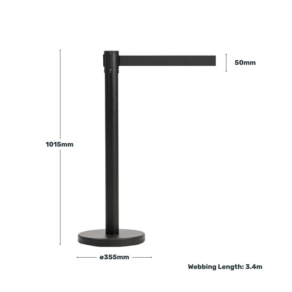 Black retractable barrier post with black belt, displaying dimensions for height, base diameter, belt width, and webbing length.
