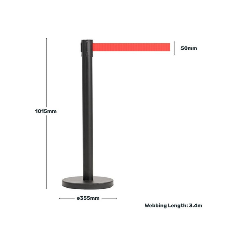 Black retractable barrier post with red belt, displaying height, base diameter, belt width, and webbing length measurements.