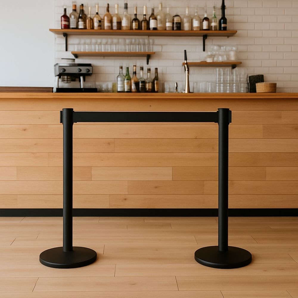Two black retractable barrier posts with a black belt positioned in front of a wooden bar counter with shelves of bottles and glassware.