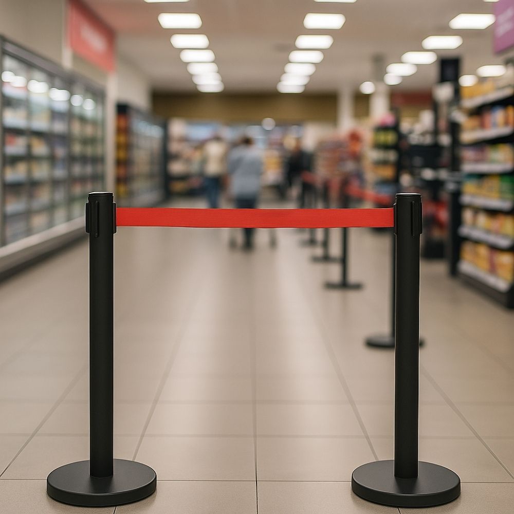 Two black retractable barrier posts with a red belt placed in a supermarket aisle, with shelves and blurred shoppers in the background.