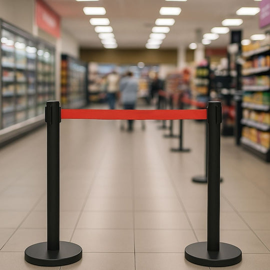 Black Steel Retractable Barrier - 3.4m Red Belt