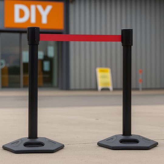 Black Heavy Duty Outdoor Retractable Barrier with Rubber Base and 3.4m Red Belt