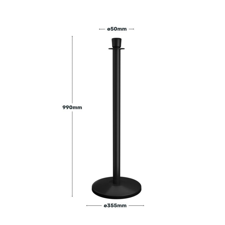 Black crown top rope barrier stanchion measuring 990mm high with a 355mm base diameter and 50mm post diameter, for hospitality and retail queue management.
