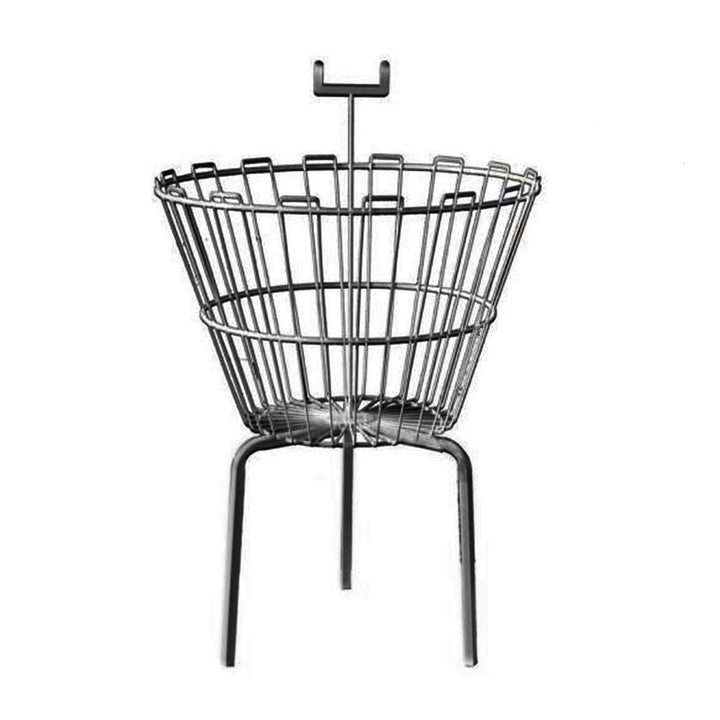 Single black wire round dump bin front-on, four feet, open wire basket, ticket holder post rising from the centre, empty on white.

