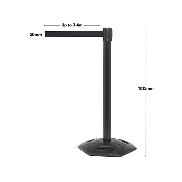 Black freestanding safety barrier with a post height of 1015mm and retractable belt extending up to 3.4 metres—ideal for crowd control and hazard zone marking in industrial and retail spaces.

