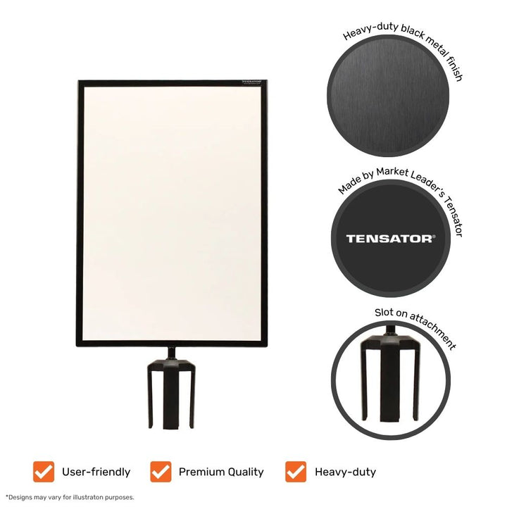 Black metal sign holder showing product details including slot-on attachment, heavy-duty design, and premium finish.