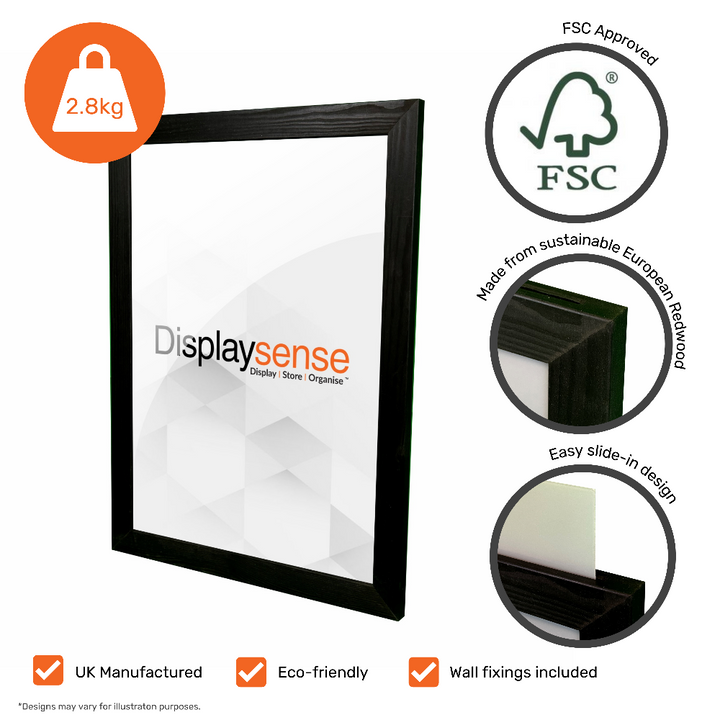 A high-quality black wooden slide-in poster frame, sized for A2 prints, providing a modern and elegant way to showcase artwork, advertisements, or promotional materials.
