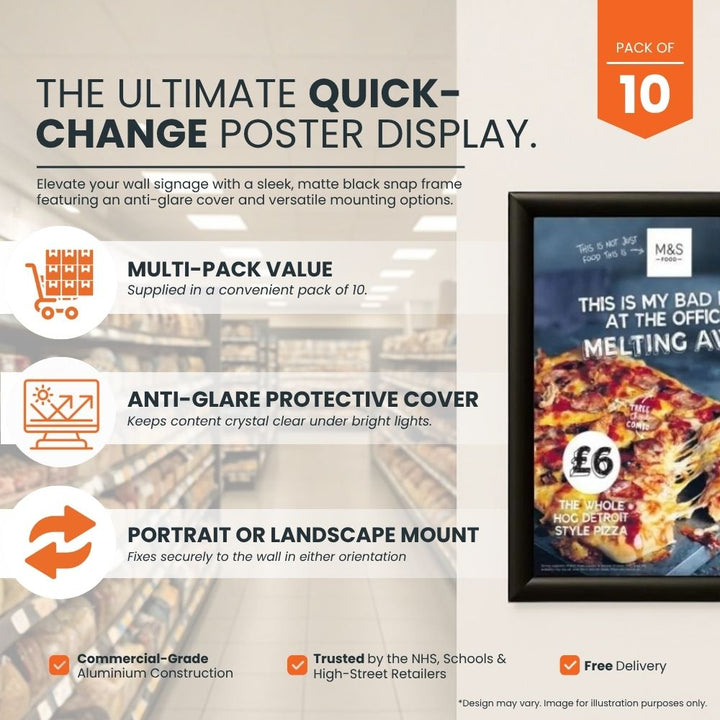 set-of-ten-black-snap-frame-poster-displays-with-anti-glare-covers-for-retail-signage-and-wall-mounting