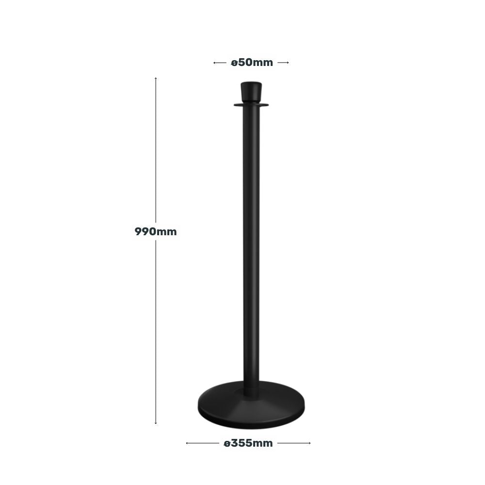 Technical diagram showing the height and base measurements of a black stanchion post in millimetres.