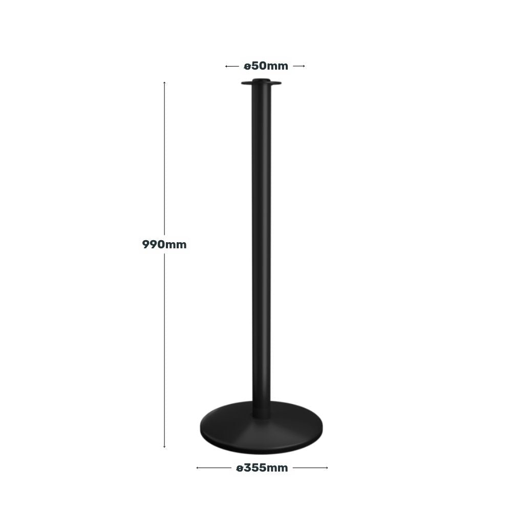 Diagram displaying the measurements of a black stanchion post in millimetres.