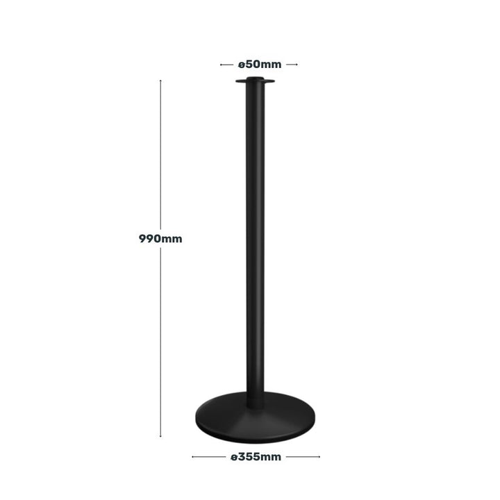 Diagram displaying the measurements of a black stanchion post in millimetres.