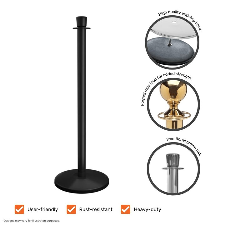 Black stanchion post with feature highlights including an anti-trip base, forged rope loop, and traditional crown top.