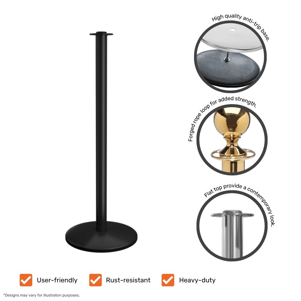 Black stanchion post with anti-trip base, forged rope loop, and contemporary flat top design with close-up views.