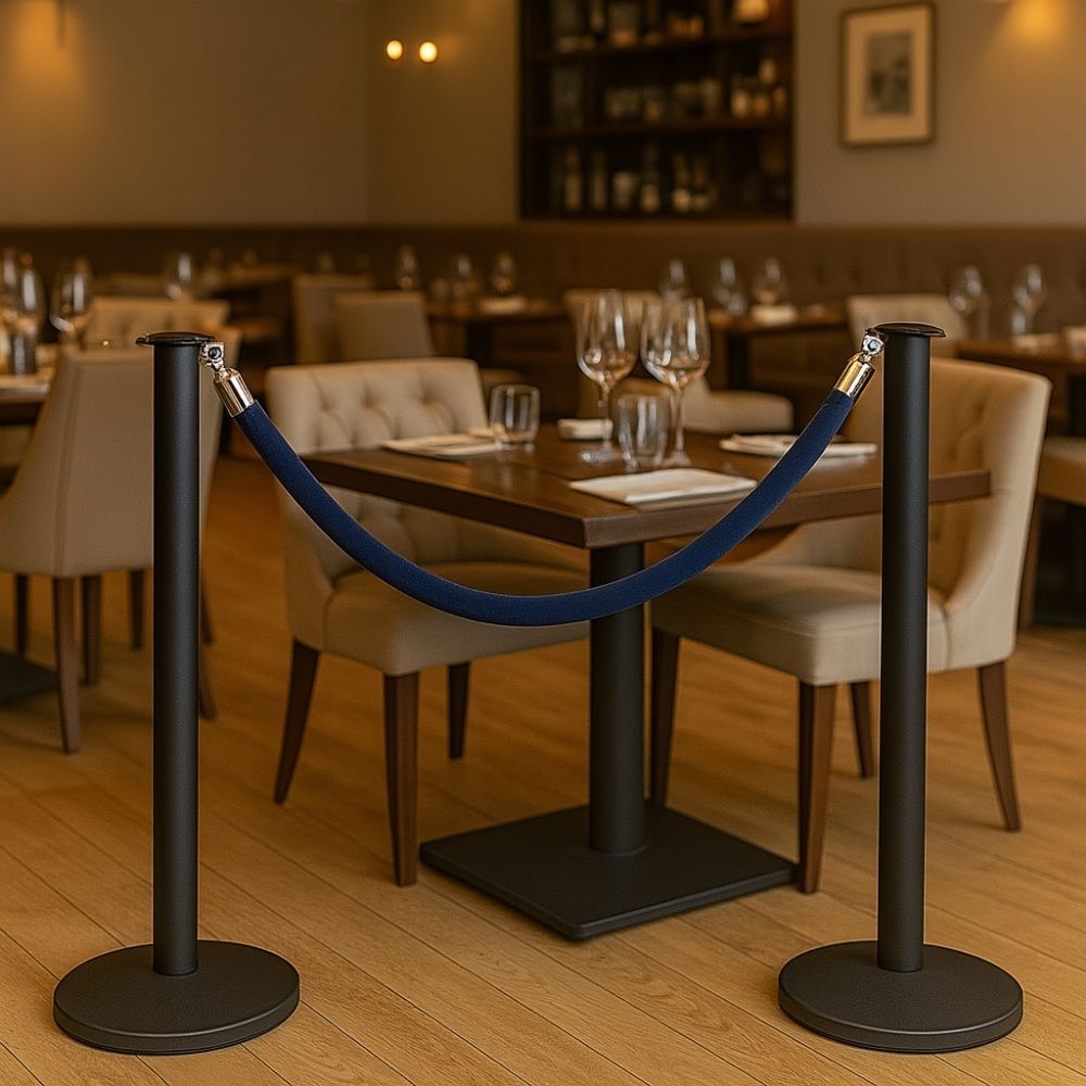 Black stanchion posts with a blue velvet rope used as a barrier in an elegant restaurant dining area.