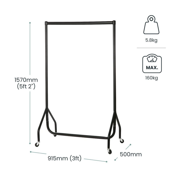 Black heavy duty clothes rail with labelled dimensions showing 1570mm height, 915mm width, 500mm depth and 160kg maximum load capacity.