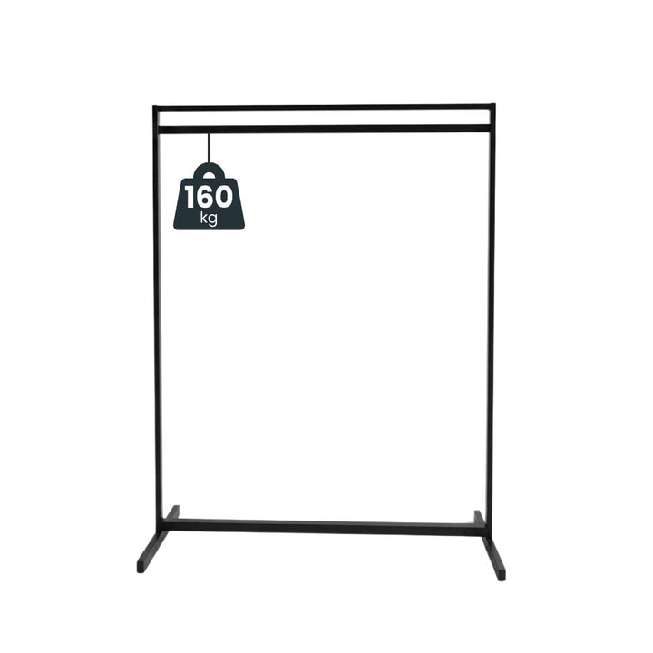 Black freestanding steel display rail with a 160kg load capacity badge, no castor wheels, on a white background — designed for shop-floor garment presentation.
