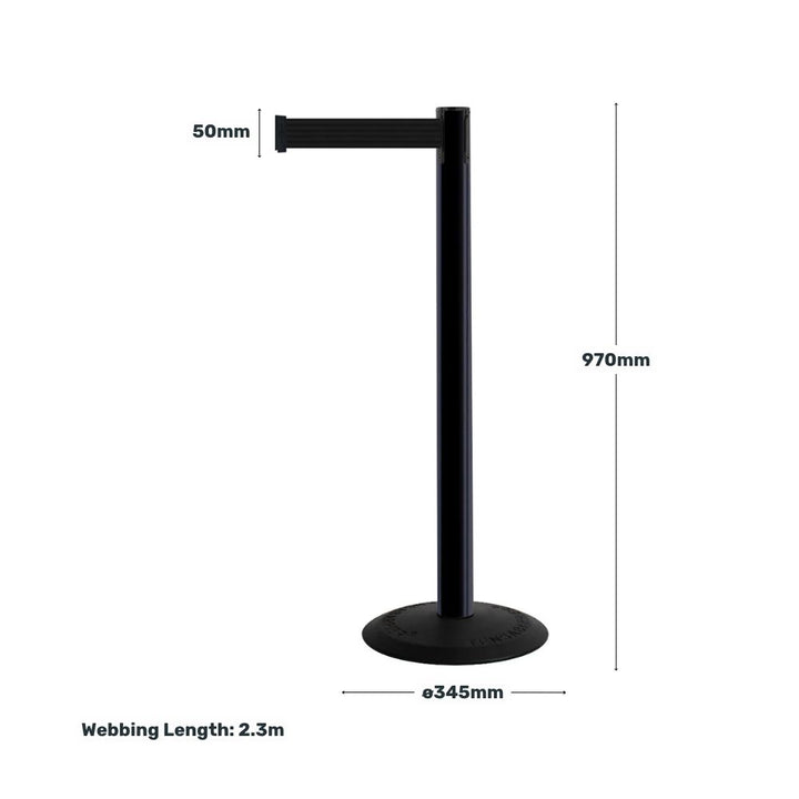 Dimensional diagram of a black Tensabarrier post with 970mm height, 345mm base diameter, and 50mm wide webbing extending to 2.3 metres