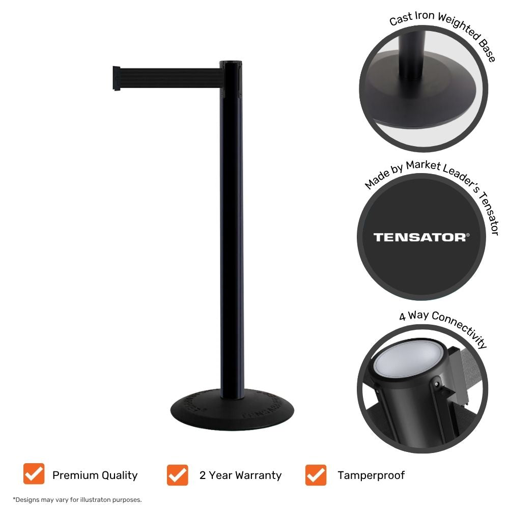Black Tensabarrier post shown with callouts for tamperproof top, 4-way connectivity, cast iron base, and market-leading Tensator branding, highlighting premium build and 2-year warranty.

